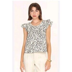 Greylin Womens Bea Poplin‎ Ruffled Blouse Top XS Ivory Floral Square Back Tie